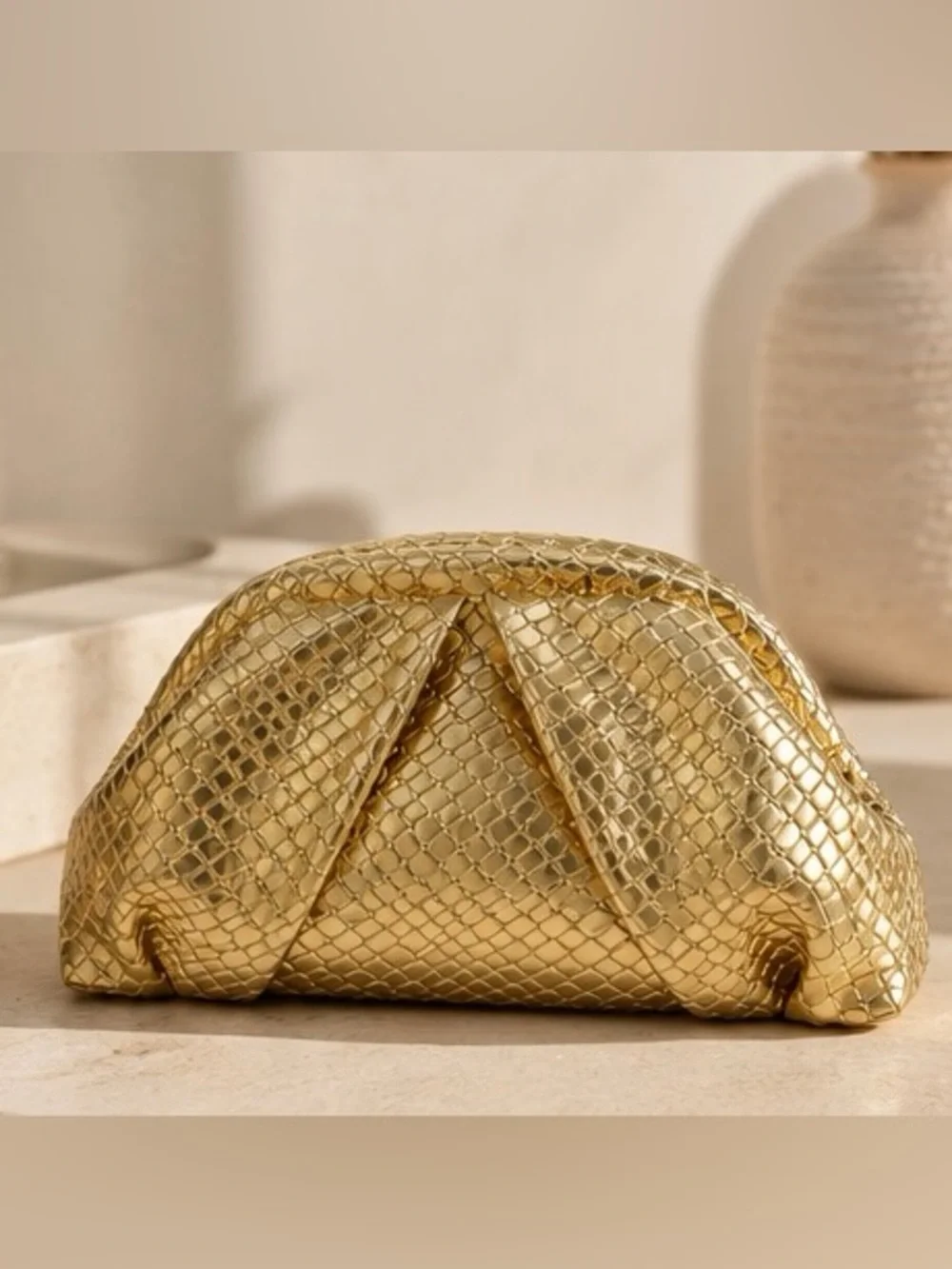 Gold Woven Leather Pouch Clutch Sculptural Evening Handbag